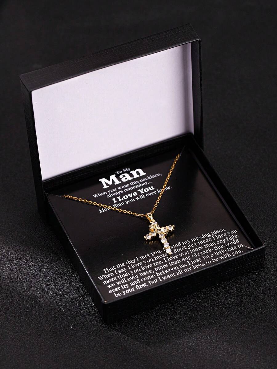 1pc Minimalist Crown & Cross Pendant Necklace, Jewelry Gift Box Suitable For Gifting To Lover, Friend, Valentine's Day, Ramadan
