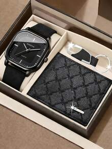 Men's 3 PiecesBusiness Set, Including 1 Elegant Blue Roman Numeral Quartz Watch, 1 Black Embossed Wallet, And 1 Practical Keychain. The Overall Style Is Sophisticated And Suitable For Daily Commute, Business Meetings, Or Casual Outings. - Black - View 6