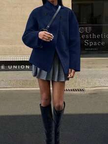 Women's Solid Color Front Button Pocket Overcoat, Autumn/Winter - Navy Blue - View 1