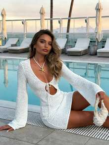 Casual Romantic Holiday Style Hollow Semi-Transparent Design Long Sleeve Bodycon Dress For Women, Spring/Summer - Beige - View 4
