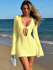 Casual Romantic Holiday Style Hollow Semi-Transparent Design Long Sleeve Bodycon Dress For Women, Spring/Summer - Yellow - View 3