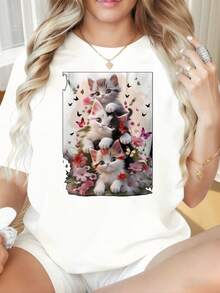 Camiseta de Mujer con Cuello Redondo y Mangas Cortas, Estampado Divertido de Gatito y Flores, Camiseta Casual de Manga Corta para Mujer, Camiseta Gráfica de Amante de Gatos Negros, Ropa de Moda de Verano, Adecuada para el Día de San Valentín, Navidad, Fiestas, Actividades Deportivas, Fiestas de Vacaciones, Salidas, Deportes y Otros Regalos Festivos (220g). Blusas 100% Algodón>Basicas - Blanco - Ver 6