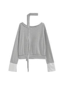 Casual Striped Asymmetrical Shoulder Long Sleeve T-Shirt Top For Women (Stripe Pattern Random) - Black and White Stripes - View 5