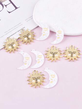 10pcs Mixed Sun & Moon Acrylic Jewelry Pendant Earring Necklace DIY Accessories For Women