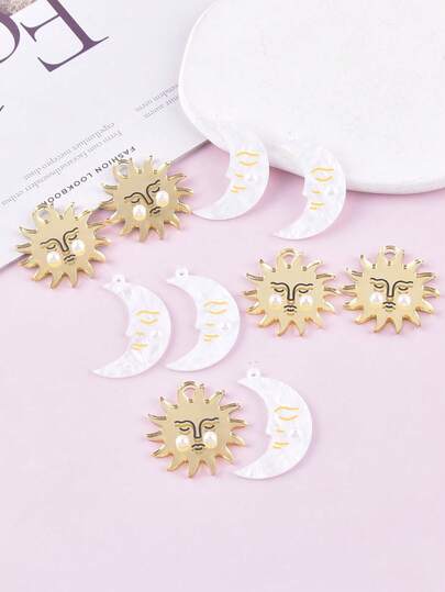 10pcs Mixed Sun & Moon Acrylic Jewelry Pendant Earring Necklace DIY Accessories For Women