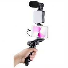 Kit de vlogging pentru smartphone, include trepied, suport pentru telefon, mini microfon, lumină LED, set de început pentru streaming live, înregistrare video, cadou - Negru - Vizualizare 5
