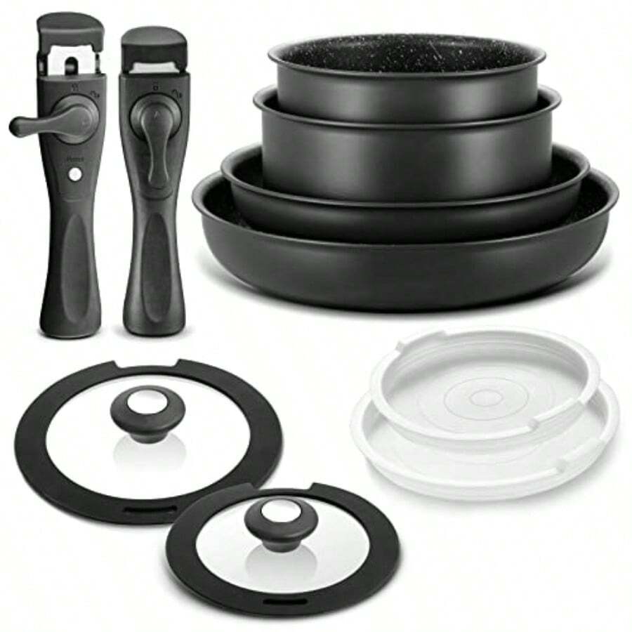 Induction Cookware Set 10 Pieces Nonstick Pots And Pans With Removable Handles For All Hobs Stackable Design Dishwasher Oven - màu đen - Xem 1