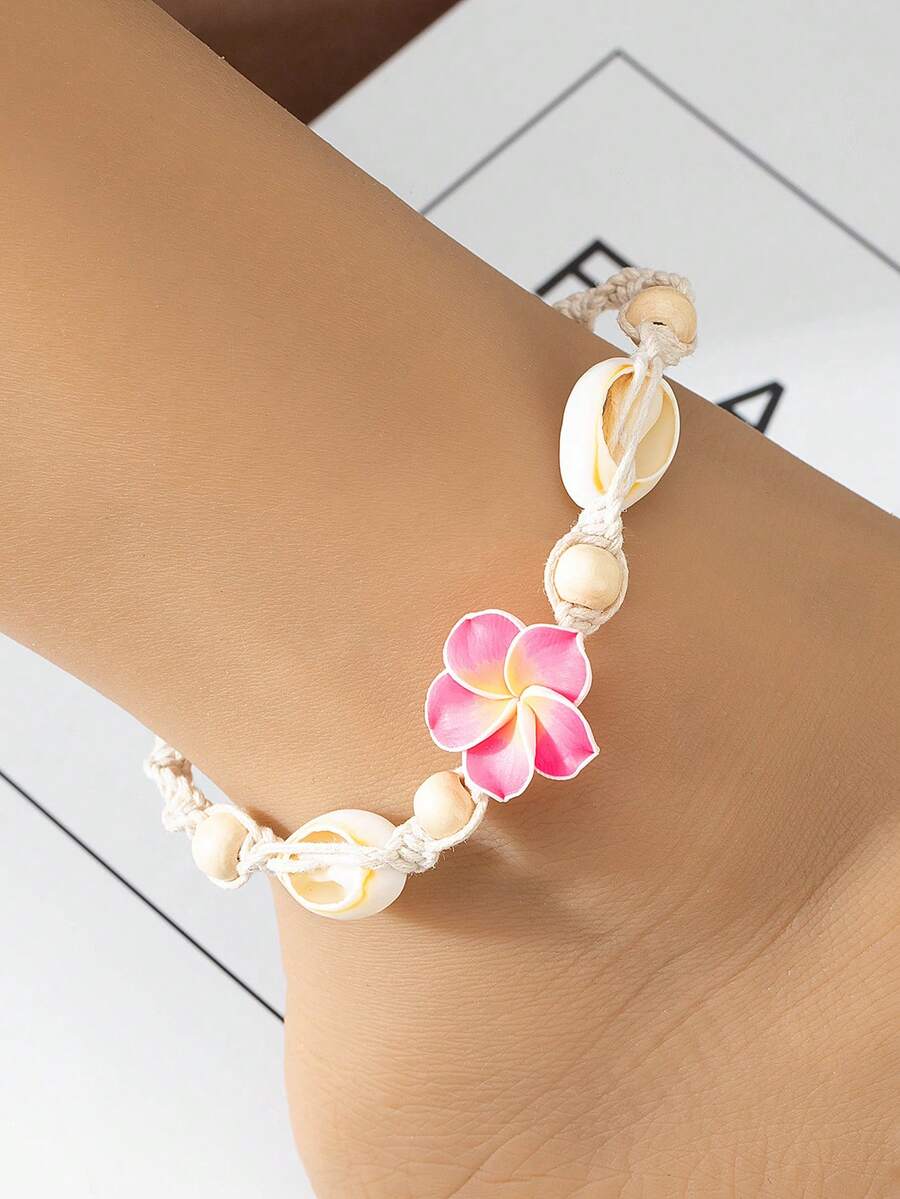 1pc Bohemian Style Handmade Knotted Resin Faux Shell Anklet, Flower & Seed Bead Woven Rope Foot Jewelry