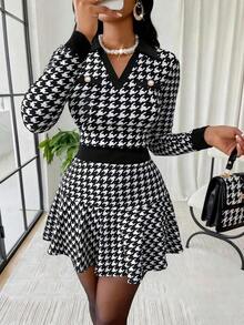 SUNSTORY Women's Elegant Contrast Collar Plaid Patchwork Faux Pocket Long Sleeve Waist Cinched Mini A-Line Dress, Office/Business Wear, Autumn/Winter - Black - View 1