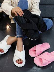 女士露趾记忆棉拖鞋，交叉绑带设计，秋冬季室内毛绒拖鞋