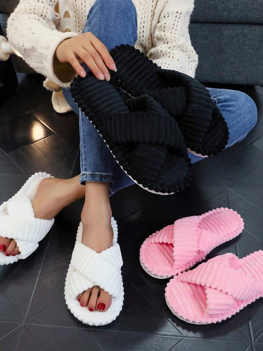 女士露趾记忆棉拖鞋，交叉绑带设计，秋冬季室内毛绒拖鞋