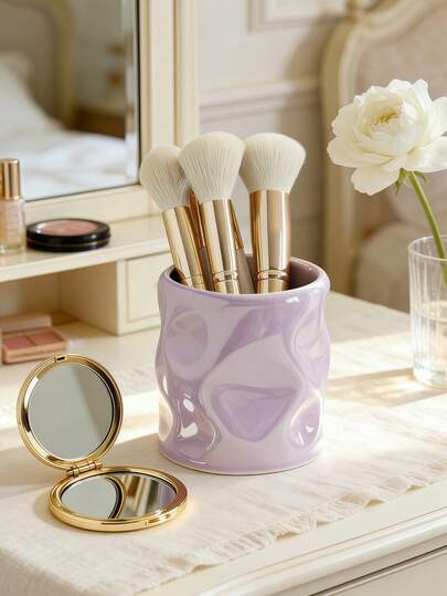 Asymmetric Resin Makeup Brush Holder, Embossed Uneven Texture, 2-In-1 Desktop Decor & Storage Organizer, Mini Vase For Bedroom Office Living Room (White Purple, 1pc)