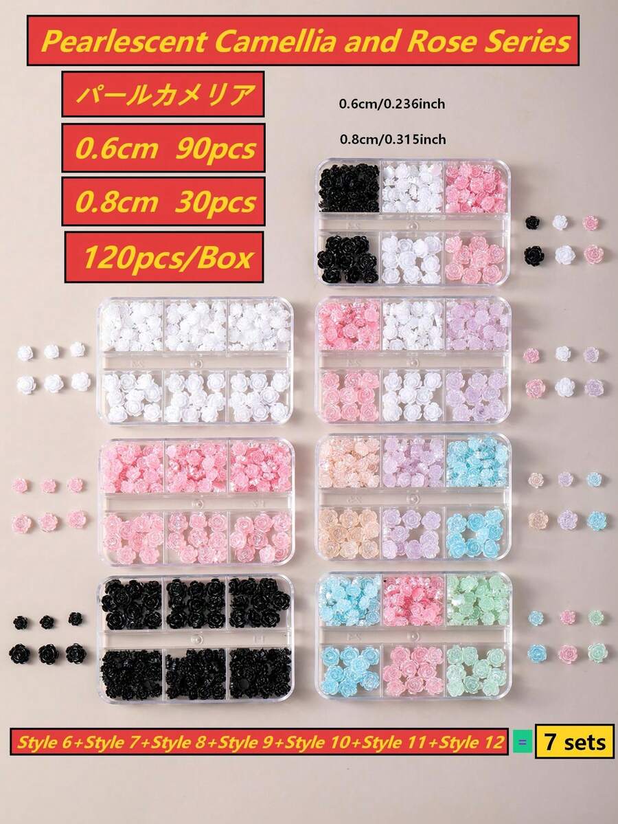 無味 120入 8mm+6mm 極光山茶花/玫瑰樹脂美甲飾品(透明/白色/黑色混色),簡約可愛設計,高光澤 3D 平底易貼附;適用於婚禮、節日及各種場合,可用於美甲設計(兼容梯形、法式杏仁、長/短、橢圓、方型指甲)與珠寶手工、畢業帽裝飾、手機殼 DIY;風格涵蓋日韓與歐美,四季通用美甲飾品,適合女性與兒童 - 彩色 - 查看 1