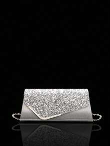 Luxury Sparkling Sequin Evening Clutch Handbag, Elegant New Women's Party Bag And Wedding Bag, Paired With A Sparkling Three Pieces Rhinestone Set, Including A Rhinestone Necklace And Earrings, Matching A Bride's Sequin Wedding Dress Or A Party Sequin Evening Gown, Suitable For Parties, Dinners, Weddings, And Gatherings. - Silver - View 4