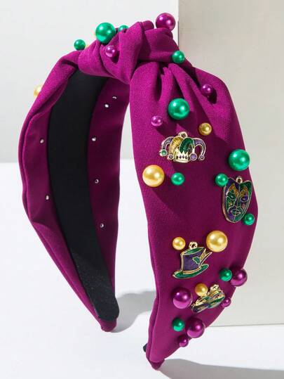 1pc Colorful Fabric Fashion Carnival Headband With Faux Pearls, Personalized Clown Mask, Versatile For Festivals, Parties, Creative & Cute Carnival Hair Accessory Hairband