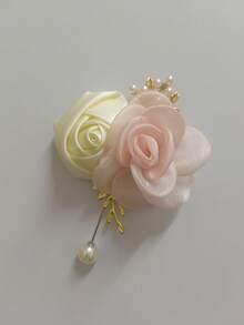1pc Unisex Aesthetic Camellia Corsage Brooch With Cream White Rose And Gold Leaf Mori Style Beads, Suitable For Parents, Groom, Bride, Groomsman, Bridesmaid, Wedding Decoration, Evening Party, Ball, Party, Event, Cocktail, Gathering, Valentine's Day - 739 - Milky White + Pink - View 3