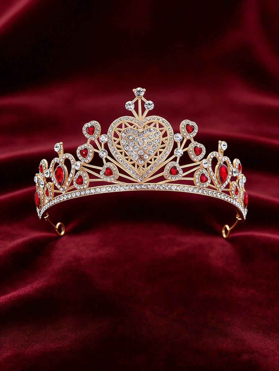 1pc Heart-Shaped Red Gem Studded Crown, Multi-Layer Heart Design, Suitable For Parties, Dates, Princess Style Headpiece