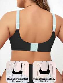 1pc Seamless Contrast Color Lift Wireless Plus Size Bra With Lift And Side Support, European Style - Black - View 3