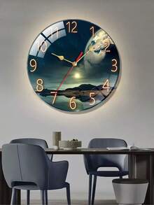 1个静音圆形木质挂钟 - 地球景观设计，电池供电，适用于客厅或厨房的装饰时钟，现代风格，挂钟装饰 - 彩色 - 查看 2