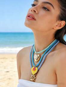 ZA 女士彩色多层项链 - 编织绳珐琅吊坠 | 柠檬心形雏菊旭日图案 | 情人节礼物 海滩度假配饰