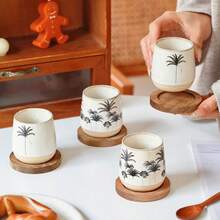 4pcs Minimalist Ceramic Mini Espresso Cups Set With Wooden Tray, Small Capacity Concentrated Coffee Cups, Coconut Tree Design Tasting Cups, Suitable For Home, Office, Cappuccino, Latte, Couple Cups