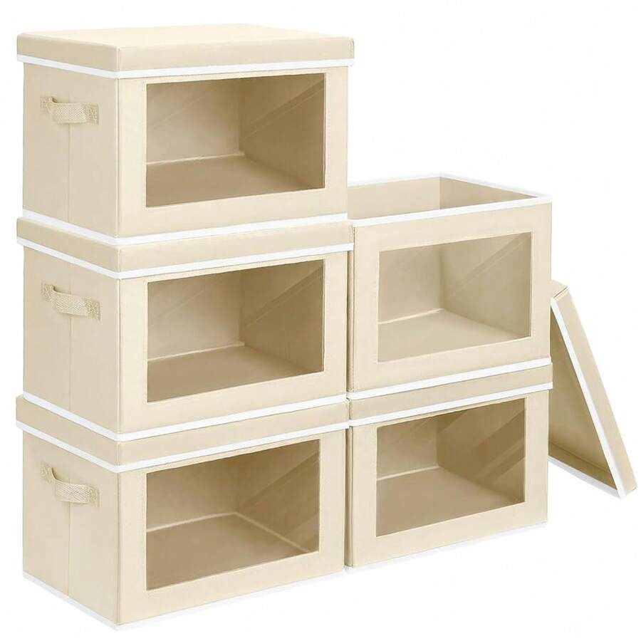 Storage Cubes With Lids - 5 Pack Foldable Clear Window Storage Bins, Large Decorative Storage Bins With Handles, Storage Containers For Clothes, Towel, Blanket, Sheet, Beige - Beige - View 1