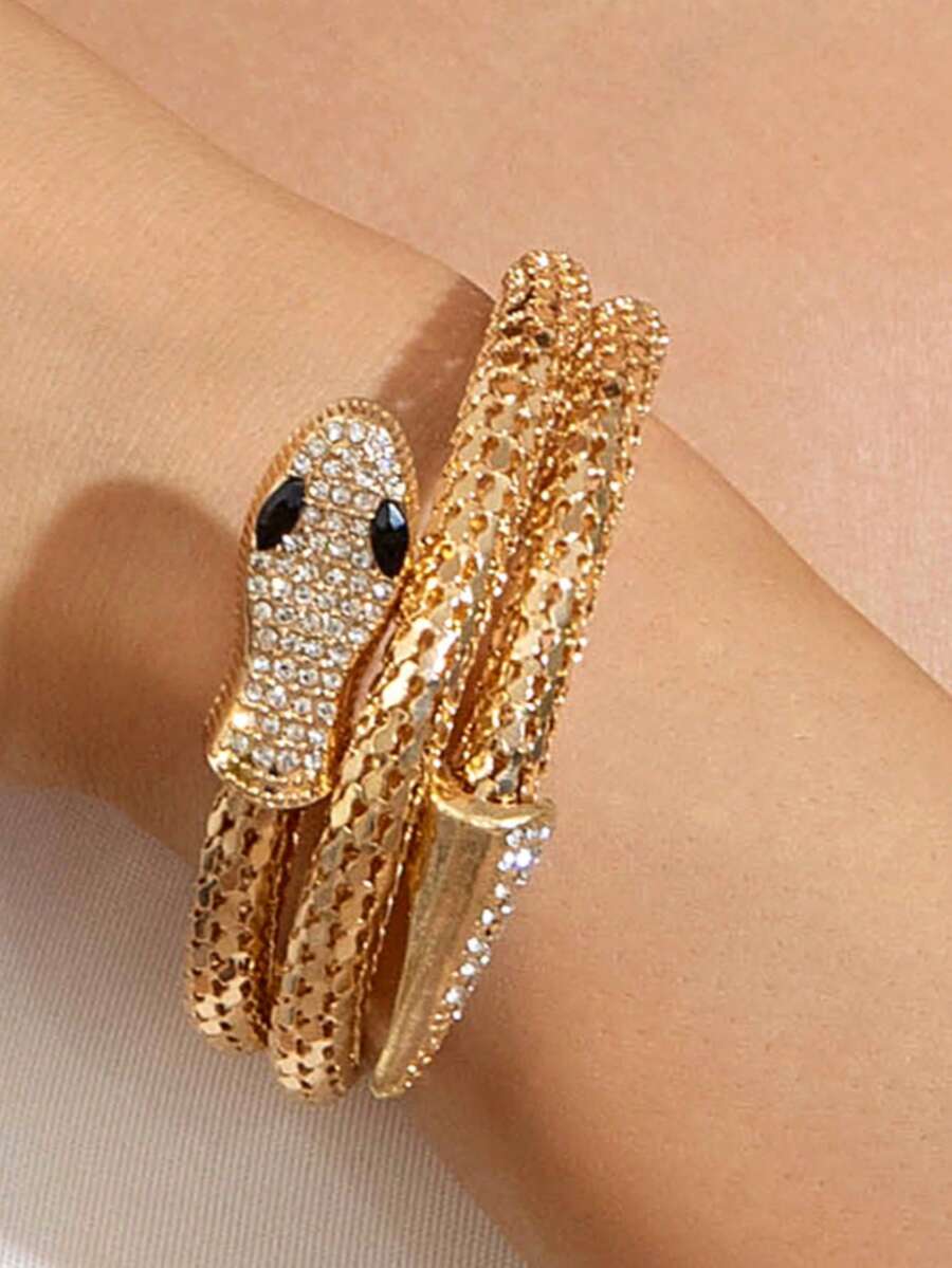 1pc Fashionable & Elegant Rhinestone Encrusted Snake Design Wrap Bracelet, Women's Fashion Accessory - Gold - View 1