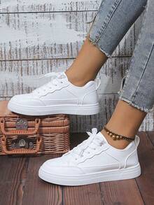 Women White Sneakers Spring Autumn Sport Running Shoes Casual Lace Up Flat Skid-Proof Shoes - 白色 - 查看 4