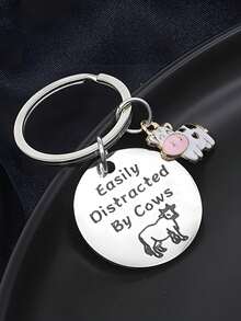 1pc New Easily Distracted By Cows Cow Pendant Stainless Steel Keychain, Holiday Party Keychain Small Gift - Multicolor - View 3
