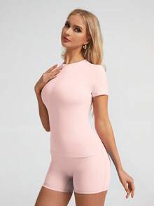 6pecil 女士纯色T恤，适合瑜伽、健身房锻炼、夏季瑜伽服、户外运动服，修身舒适，适合各种体型 - 淺粉色 - 查看 10