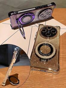 奢华电镀手机壳,创意圆形指环磁吸支架,闪亮水钻风格,新款夏季时尚硅胶防震软壳,兼容三星 Galaxy S24 S25 Ultra FE A56 A16 4G 5G、14C、荣耀 Reno MOTO 等机型,Y2K 风格男女通用 2025 - 金色 - 查看 5