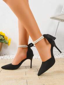 Black Pearly Strap Decor Hollow-Out Elegant Fashion Shoes, Suede Pointed Toe Thick Heel Pumps, Versatile Commuting Wear For Spring & Autumn - Black - View 4