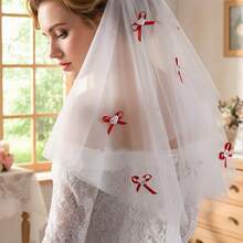 1pc Double Layer Red Heart & Bow Tulle Bridal Veil, Wedding, Valentine's Day, Marriage Registration Headpiece - Multicolor - View 6
