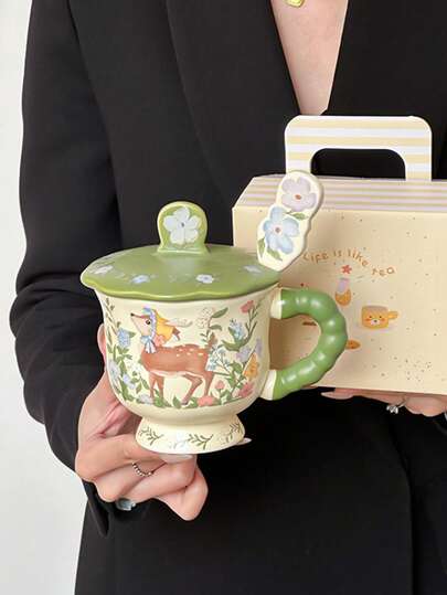 Floral Deer Mug, Green Handle, Suitable For Home Or Office Use, Can Hold Various Cold And Hot Beverages Such As Coffee, Latte, Hot Chocolate, Cappuccino, Juice, And American Coffee, Comes With Lid And Spoon, Comfortable Handle Design, An Ideal Holiday Gift For Friends And Family.