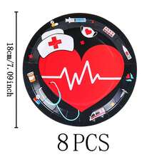 一套一次性护士帽主题餐具，7/9英寸派对餐盘，一次性纸盘和纸杯，适用于节日、婚礼、订婚、生日、派对、庆祝活动 - 彩色 - 查看 11