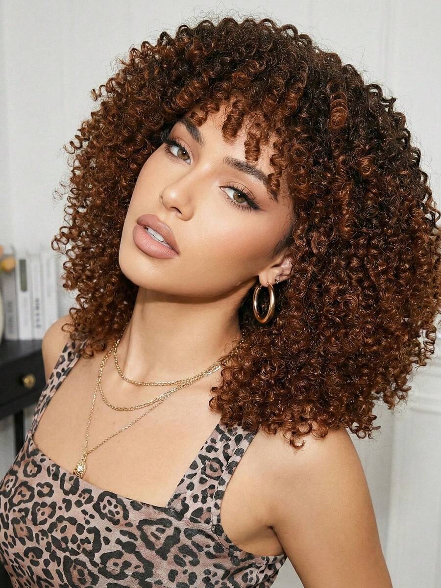 14英寸齐肩卷发假发，带刘海，棕金色渐变非裔蓬松卷发，自然蓬松，适合日常佩戴，也适合万圣节、圣诞节、新年、狂欢节、音乐节、角色扮演等场合，是送给女孩、毕业生、万圣节和圣诞节的理想礼物。 - 漸層棕色 - 查看 1