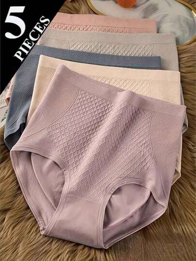 5 piezas de bragas moldeadoras sin costuras de cintura alta para mujeres, ropa interior suave y cómoda, ropa interior transpirable de unicolor para uso diario y formal, diseño sin costuras e invisible, disponible en color nude, rosa, morado, adecuado para 80-140 libras