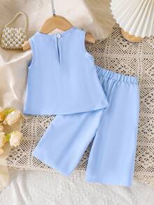 2pcs Baby Girls Cute Pleated Bow Sleeveless Top And Long Pants Set, Summer