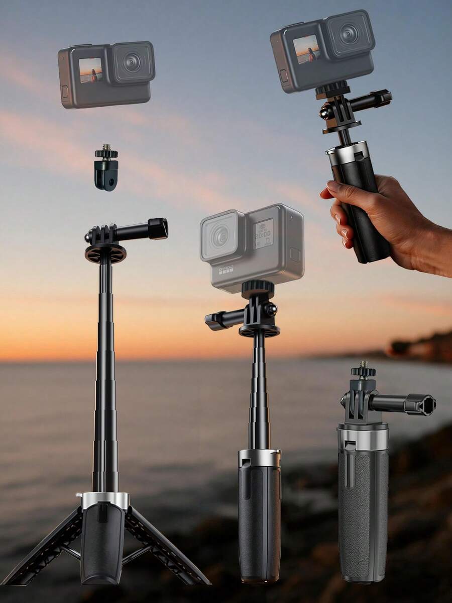 Borriig 迷你自拍杆,兼容 Go-Quick II 1/4 英寸接口三脚架,桌面迷你支架,适用于 GoPro、Action 4/3、运动相机、Insta360 配件 - 黑色 - 查看 1