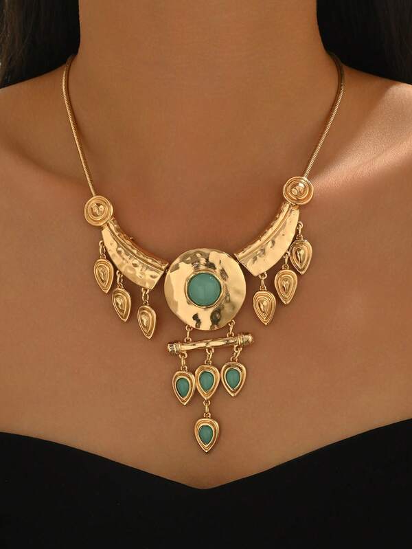 1pc Vintage Teardrop Tassel & Mixed Metal Shape Pendant Necklace, Fashionable Choker Necklace For Women, Versatile For Daily Wear, Parties, Holiday Gifts