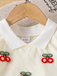 2件套女童甜美学院风3D樱桃领短袖上衣和纯色百褶裙套装，夏季