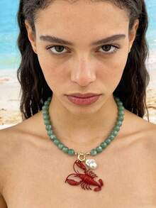 女士手工串珠项链 | 锌合金龙虾吊坠配珍珠 | 复古个性化首饰，适合海滩、节日、情人节佩戴 - 小龍蝦 - 查看 1