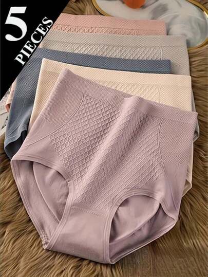 5 piezas Bragas moldeadoras sin costuras de cintura alta para mujeres, ropa interior suave y cómoda, ropa interior transpirable de unicolor para uso diario y ocasiones formales, diseño sin costuras e invisible, disponible en color nude, rosa, morado, adecuado para 80-140 libras