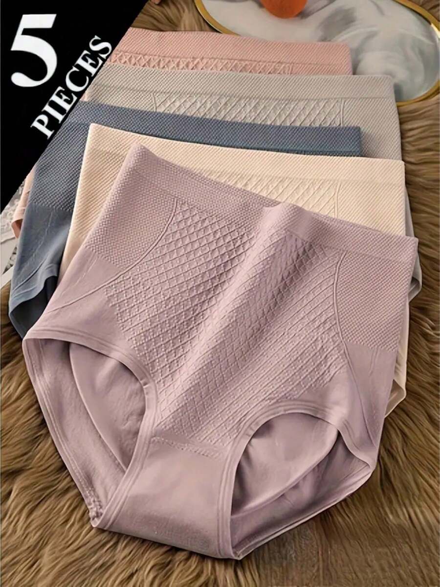 5pcs High Waist Seamless Shaping Panties, Soft & Comfortable, Breathable Solid Color, Suitable For Daily And Formal Occasions, Invisible Seamless Design, Available In Nude, Pink, Purple, Fits Individuals Weighing 80-140 Lbs (Approx. 36-63.5 Kg) - Multicolor - View 1