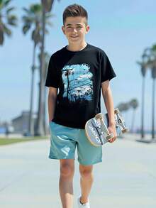 男童蓝天飞鸟印花T恤+短裤两件套，时尚休闲夏季套装，舒适度假装