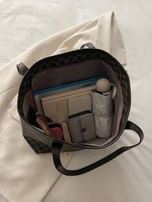 大容量字母印花手提包，绗缝单肩包，女士通勤包 - 咖啡 - 查看 9