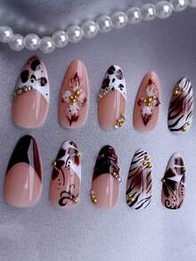 24 Stücke/Set elegante braune Leoparden Farbverlauf Französisch 3D Blumen Wellen verzierte mandelförmige Nagel-Sticker, inklusive Gel-Nagellack und Nagelfeile, geeignet für Mädchen/Frauen für den täglichen Gebrauch, Partys, Herbst Nagel-Zubehör - Verschiedenfarbig - Übersicht 3