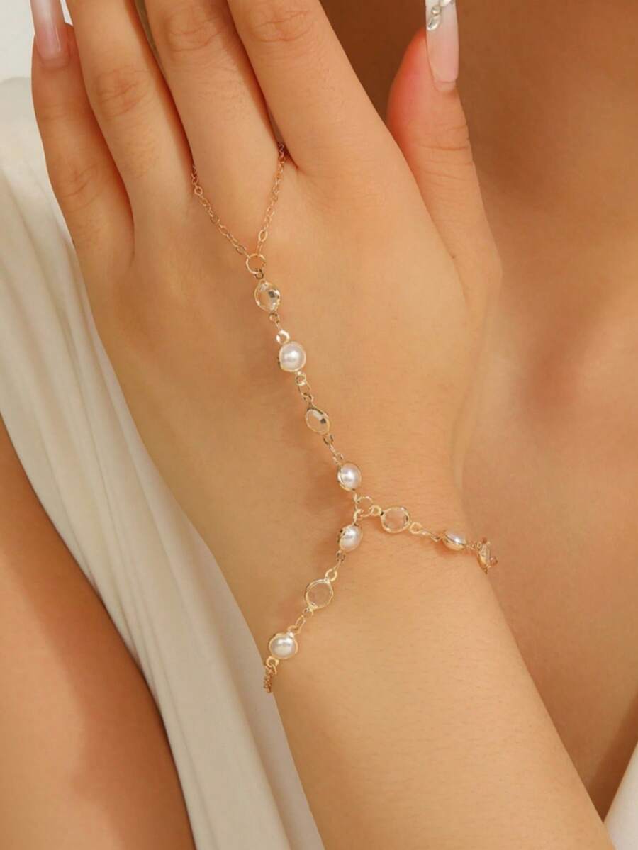 1pc Vintage Minimalist Style Accessory, Women's Gold Faux Pearl & Rhinestone Bracelet, Fashionable Creative Everyday Jewelry