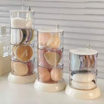 1 st förvaringslåda i akryl för sminksvampar, roterande hållare för sminkborstar, transparent delat dammtätt lock, platsbesparande skrivbordsorganisatör för örhängen, halsband, armband, hårspännen, kosmetika - hållbar smyckeskrin i plast för hemmasalong och resor, elegant sminkbricka