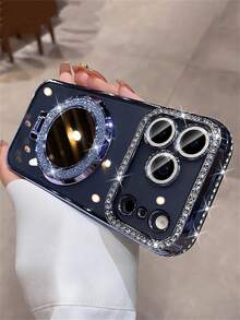 Luxury Sparkling Rhinestone Lens Protection Coated Anti-Drop Phone Case With Glitter Makeup Mirror Stand, Compatible With IPhone 17 Pro Max, 17 Pro, 17, 16 Pro Max, 15, 14 Plus, 13, 12 Pro Max, 11, 17 Air, High-Quality Shockproof Protective Cover - Blue - View 3